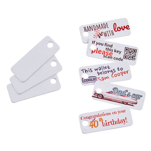 Colop E-Mark white PVC signs with punched hole, 45x18mm, pack of 20, shown fanned out on a white background