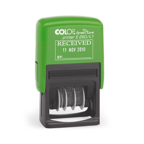 Colop Green Line self-inking Received dater stamp with 4mm text band and red/blue pad