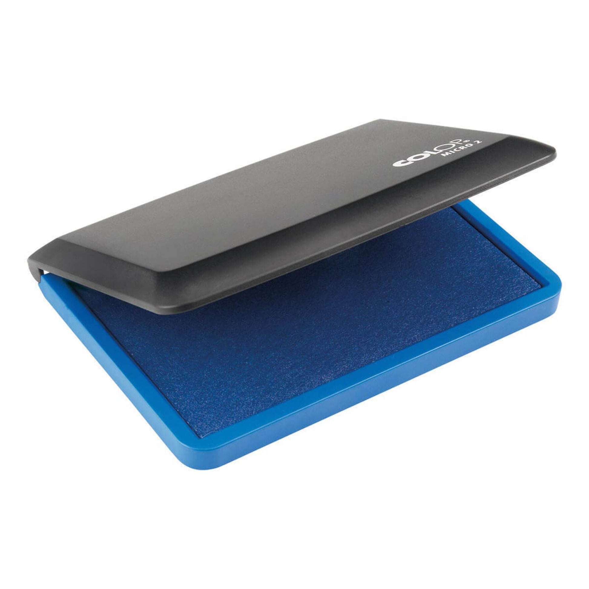 Front view of the Colop Micro 2 blue stamp pad on a plain white background, showing the body and imprint detail