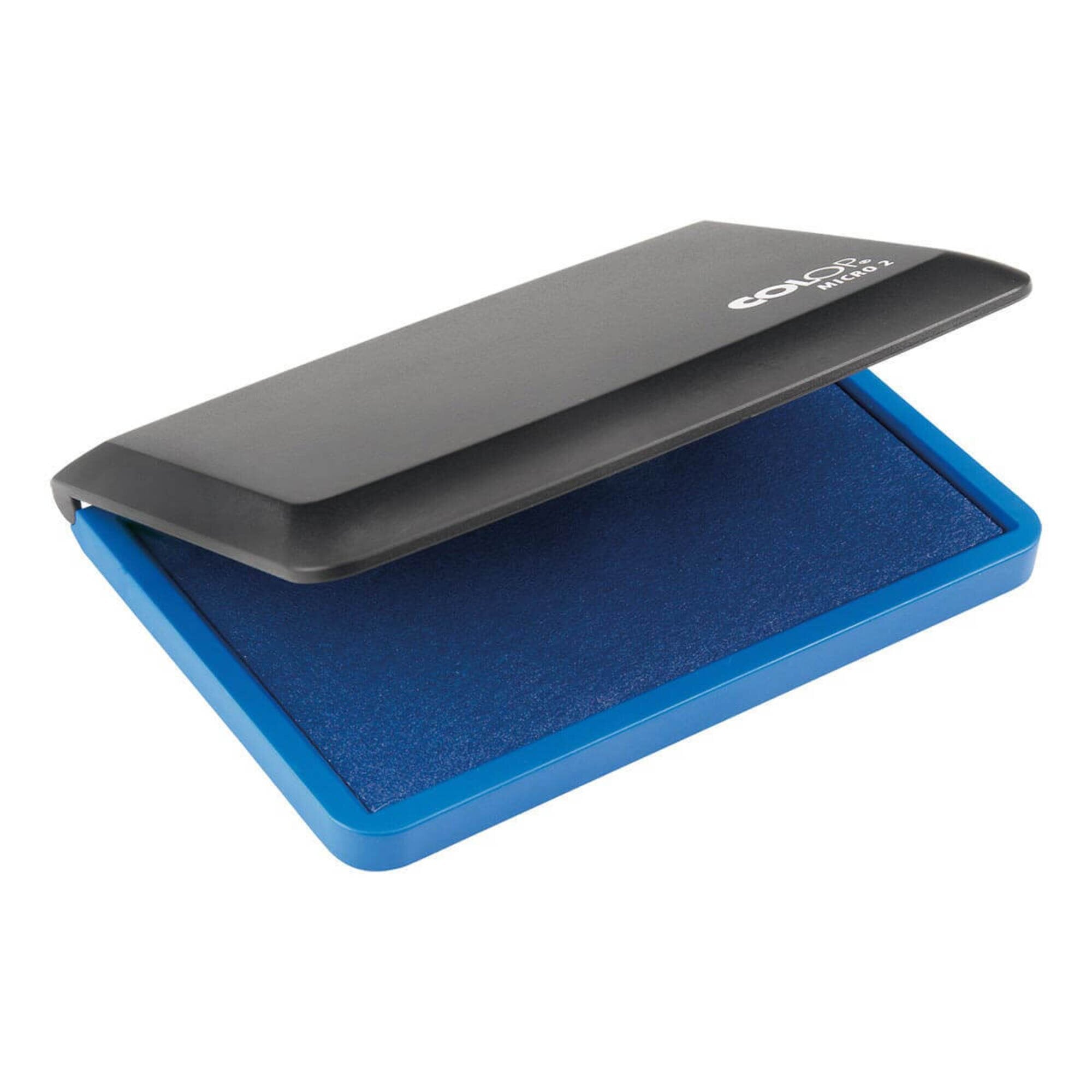 Front view of the Colop Micro 2 blue stamp pad on a plain white background, showing the body and imprint detail