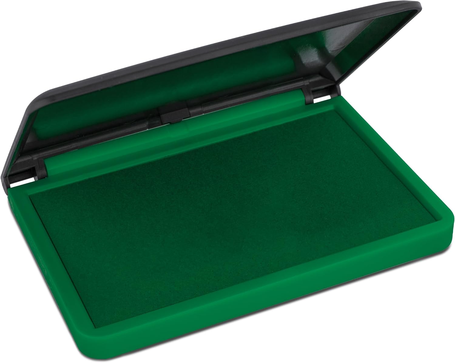 Open green stamp pad with the hinged black and green lid raised, showing the green inked felt pad surface inside the moulded case on a white background