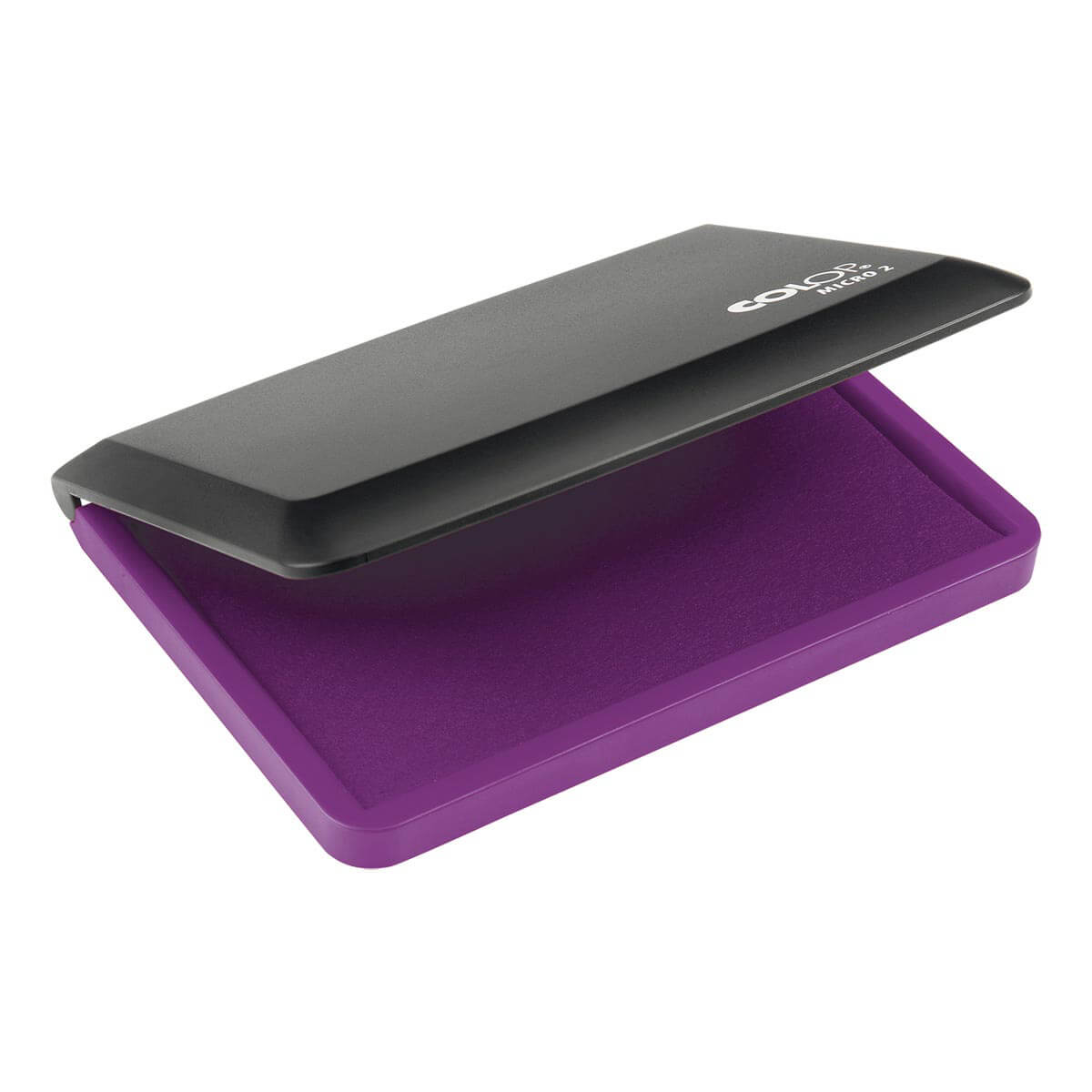 Front view of the Colop Micro 2 violet stamp pad on a plain white background, showing the hinged plastic case and the inked felt pad surface