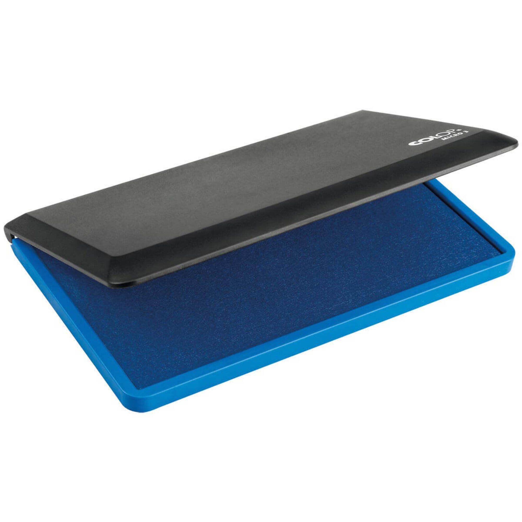 Front view of the Colop Micro 3 blue stamp pad on a plain white background, showing the body and imprint detail