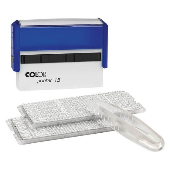 Colop printer 15 self-inking stamp in blue and white with two clear trays of loose 3mm and 4mm DIY letters and clear tweezers