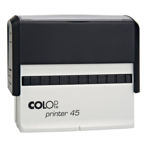 Colop P45 self-inking stamp with a long black top over a white lower housing and a black index window, shown upright on a white background