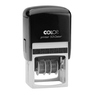 Colop P53D self-inking dater with a black top over a white lower housing and the date wheels visible, shown upright on a white background