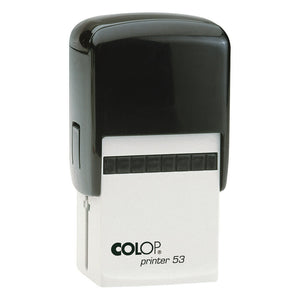 Colop P53 self-inking stamp with a black top over a white lower housing and a black index window, shown upright on a white background