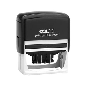 Colop P60D self-inking dater with a black top over a white lower housing and the date wheels visible, shown upright on a white background