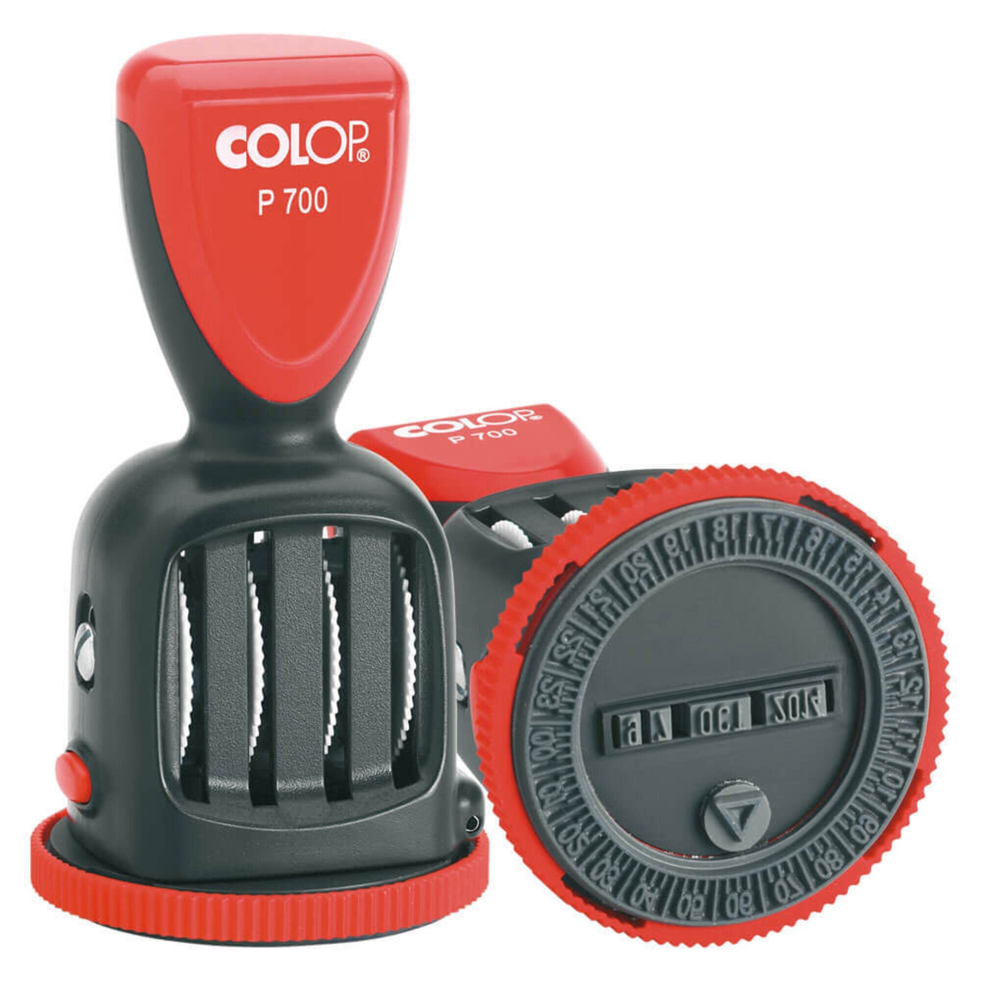 Front view of the Colop P700/12 self inking time and date stamp on a plain white background, showing the body and imprint detail