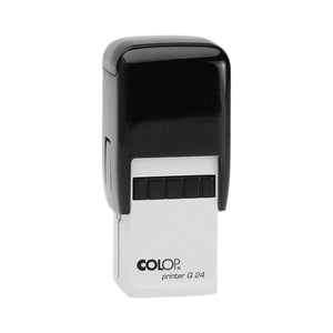 Colop Q24 self-inking stamp with a square black top cap over a white lower housing, shown upright on a white background