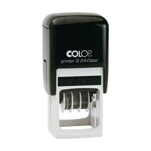 Colop Q24 self-inking dater with a black top over a white lower housing and the date wheels visible, shown upright on a white background