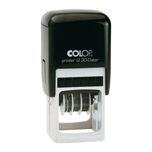 Colop Q30D self-inking dater with a black top over a white lower housing and the date wheels visible, shown upright on a white background