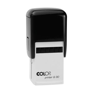 Colop Q30 self-inking stamp with a square black top cap over a white lower housing, shown upright on a white background