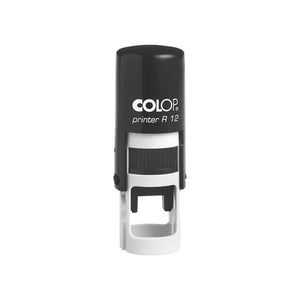 Colop R12 self-inking stamp with a round black top cap over a white base, shown upright on a white background