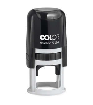 Colop R24 self-inking stamp with a round black top cap over a white base, shown upright on a white background