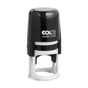 Colop R30 self-inking stamp with a round black top cap over a white base, shown upright on a white background