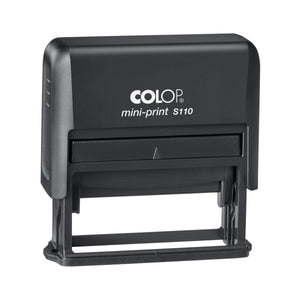 Colop S110 self-inking stamp in a long black mini-print housing with a grey base frame, shown upright on a white background