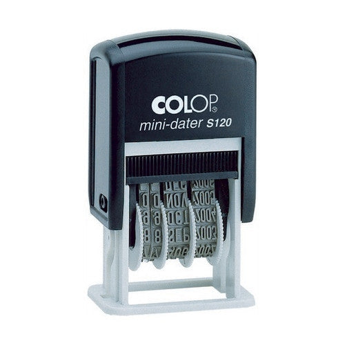 Colop S120/B Mini Dater self-inking date stamp with 4mm black ink bands, compact design for office use