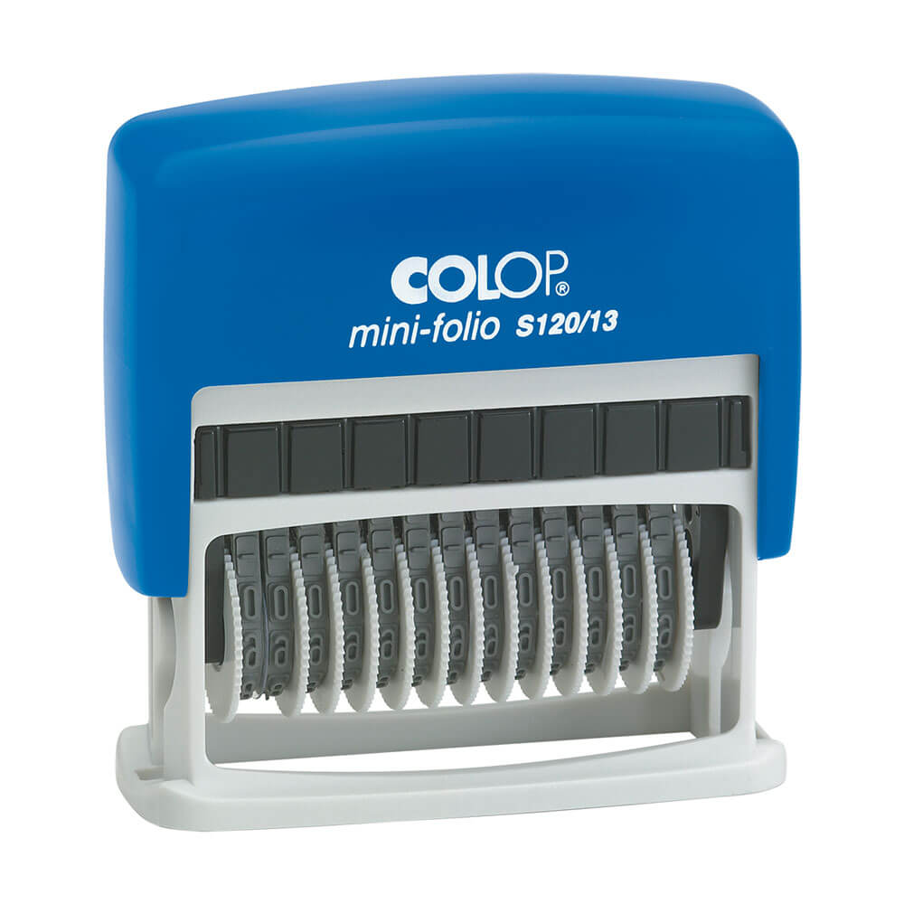 Front view of the Colop S120/13 mini self inking numberer in black on a plain white background, showing the compact body and the thirteen band setting wheels