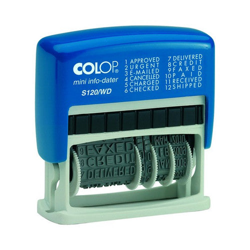 Colop mini info-dater with a blue top listing twelve numbered words from approved to shipped, over a light green frame showing the word and date bands