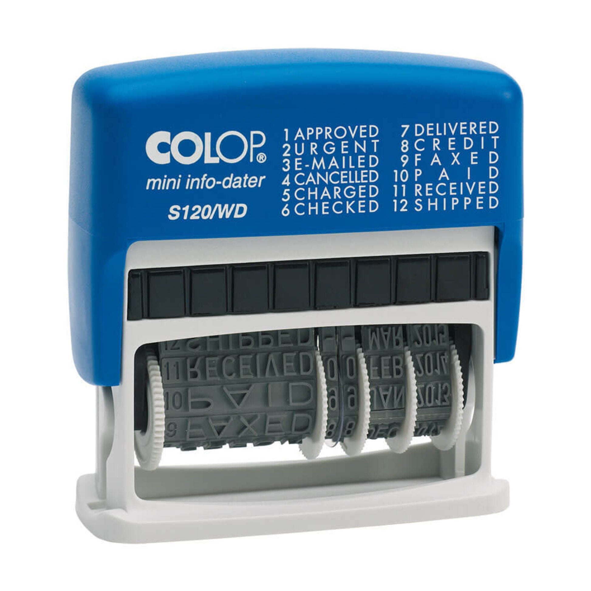 Additional view 2 of the Colop S120/WB self inking word stamp showing further detail of the product and its markings