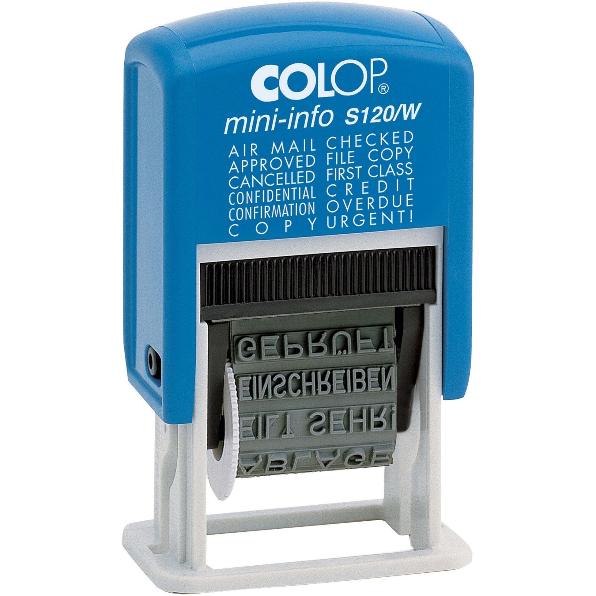 Front view of the Colop S120/WB self inking word stamp on a plain white background, showing the body and imprint detail