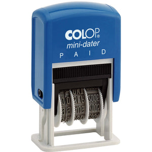 Colop S160/L2B mini-dater with a blue top printed PAID, light grey frame and the date bands visible through the front