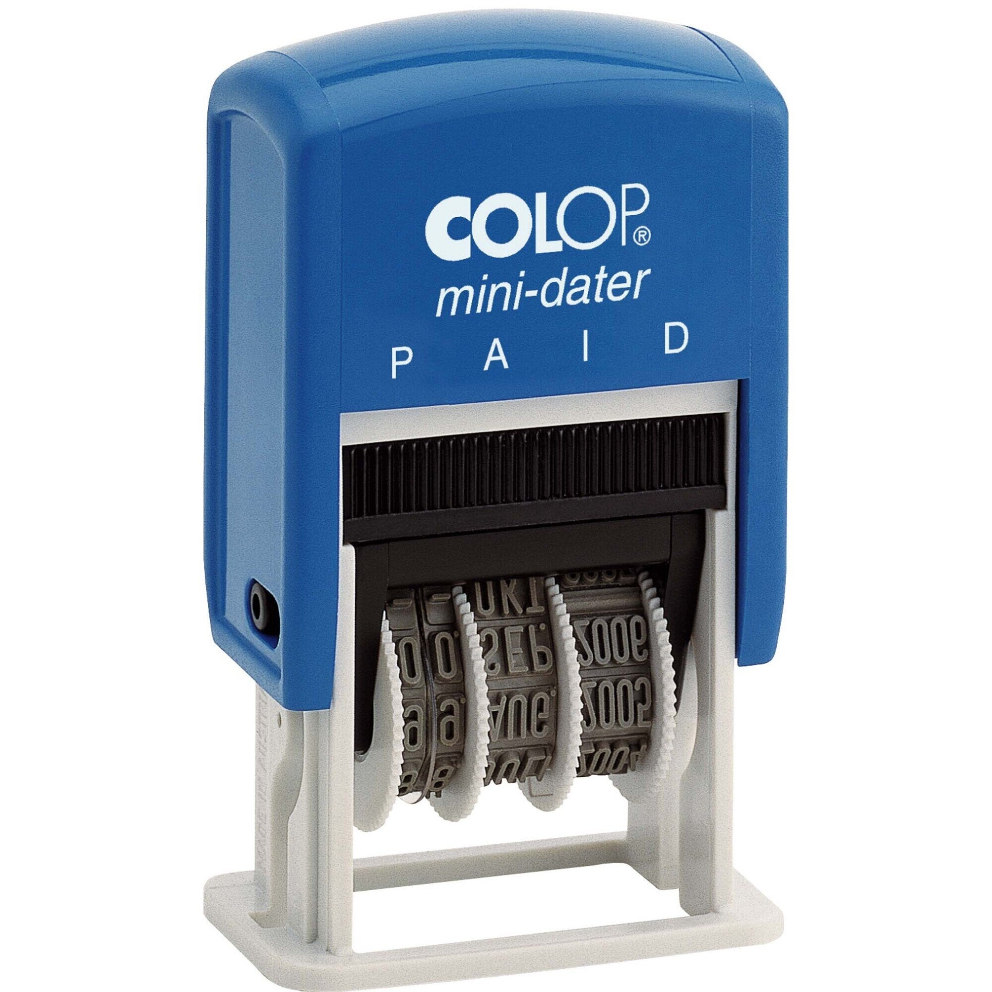 Front view of the Colop S160/L2B mini paid dater stamp on a plain white background, showing the body and imprint detail