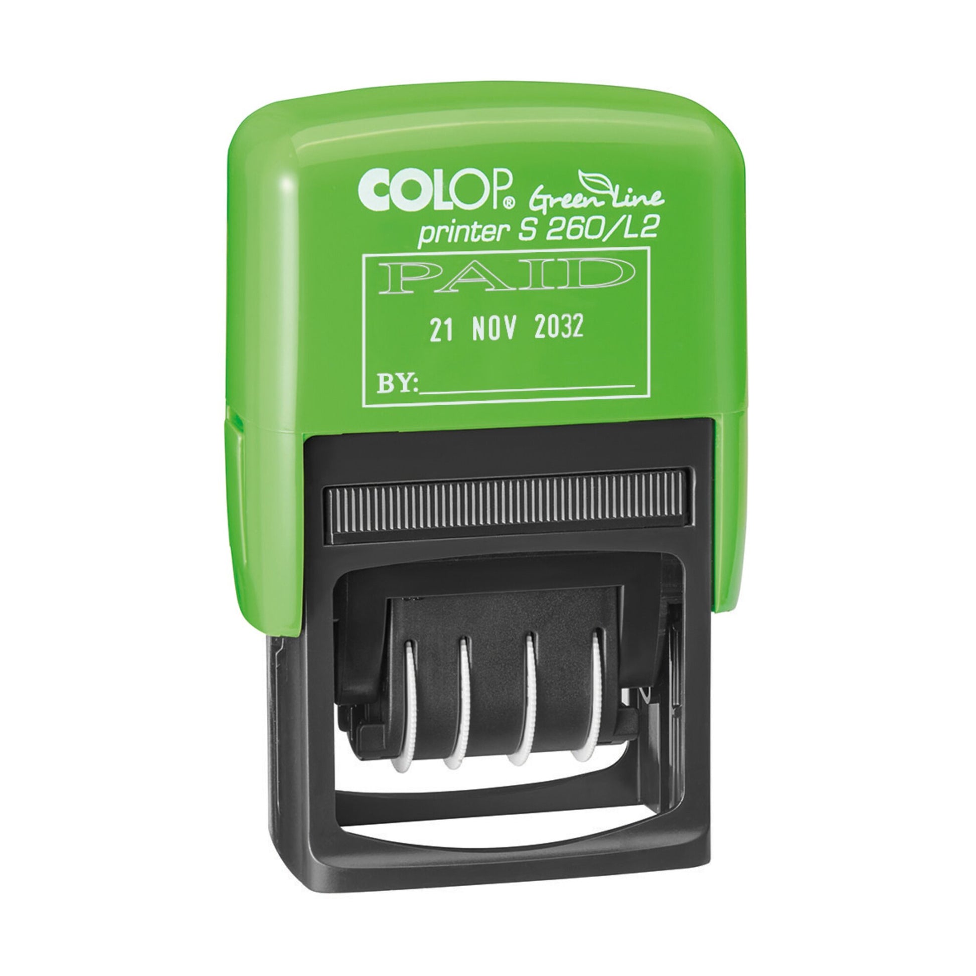 Front view of the Colop S260/L2 Green Line paid dater stamp on a plain white background, showing the body and imprint detail