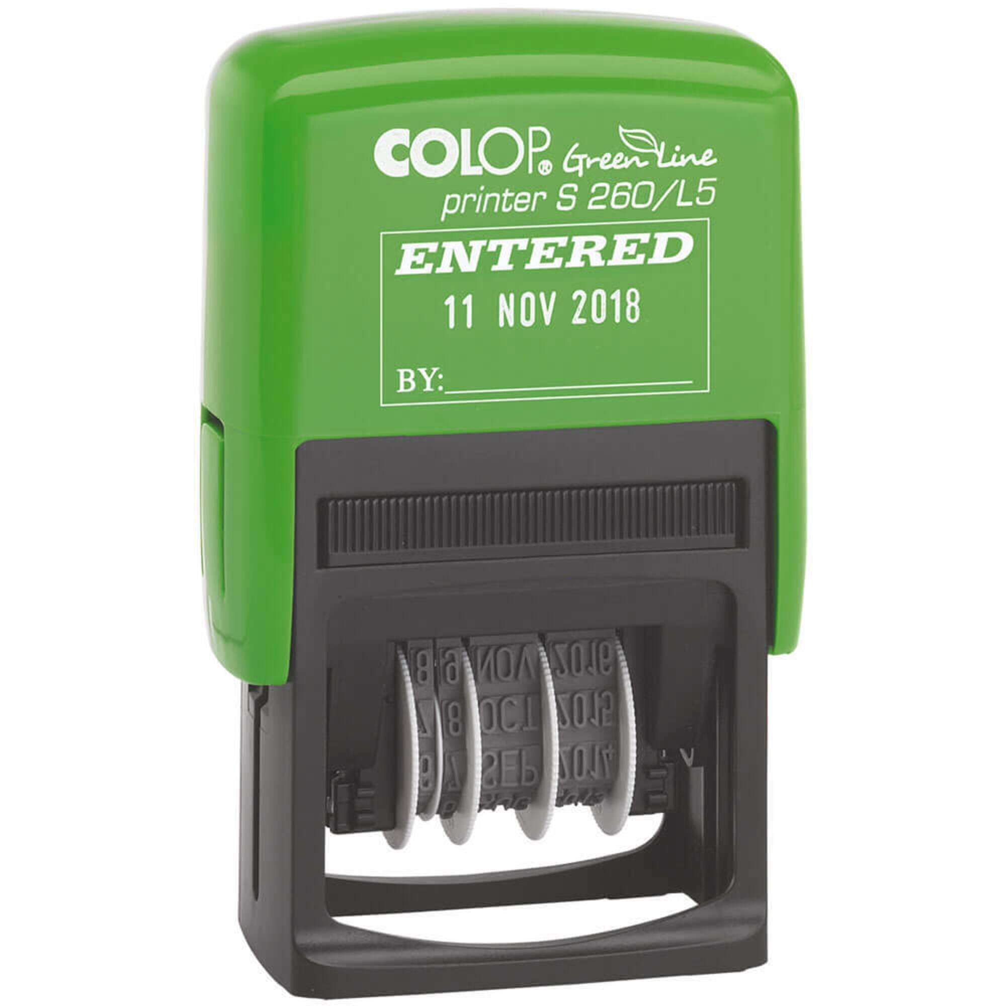 Additional view 2 of the Colop S260/L5 Green Line entered dater stamp showing further detail of the product and its markings