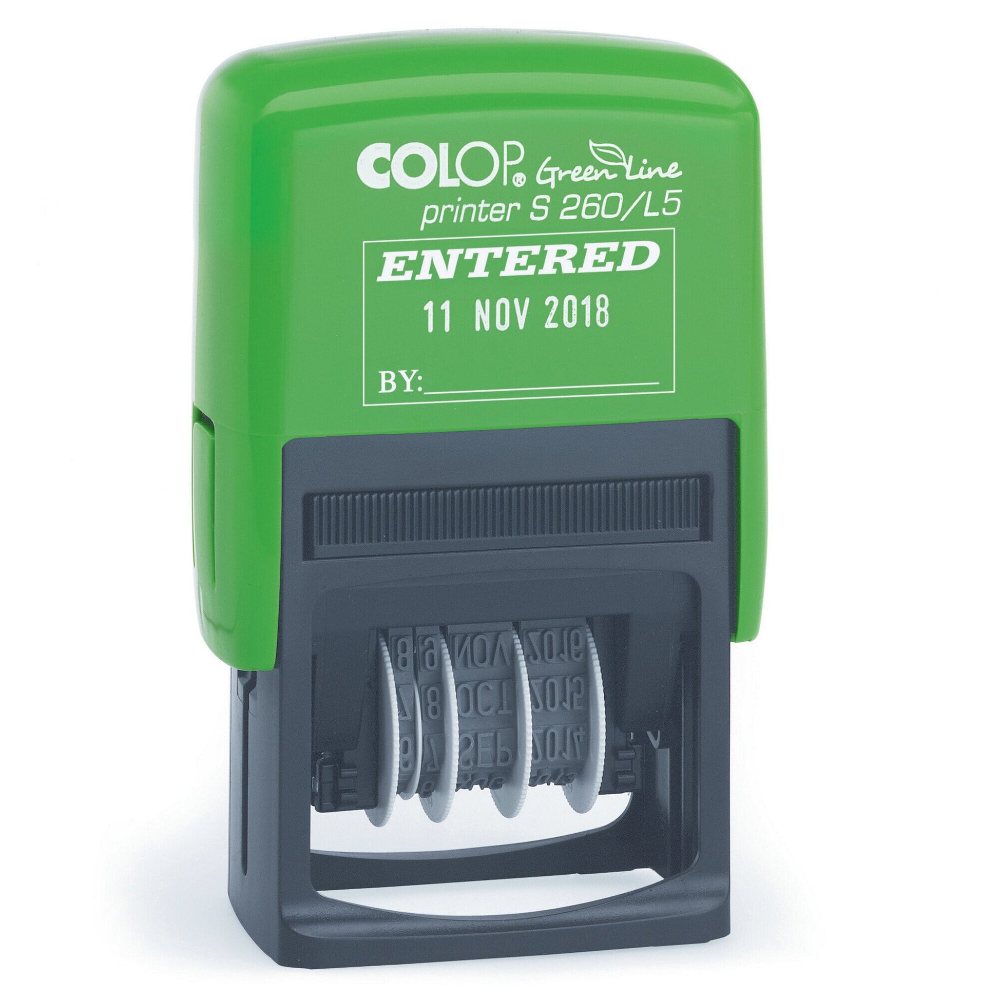 Front view of the Colop S260/L5 Green Line entered dater stamp on a plain white background, showing the body and imprint detail
