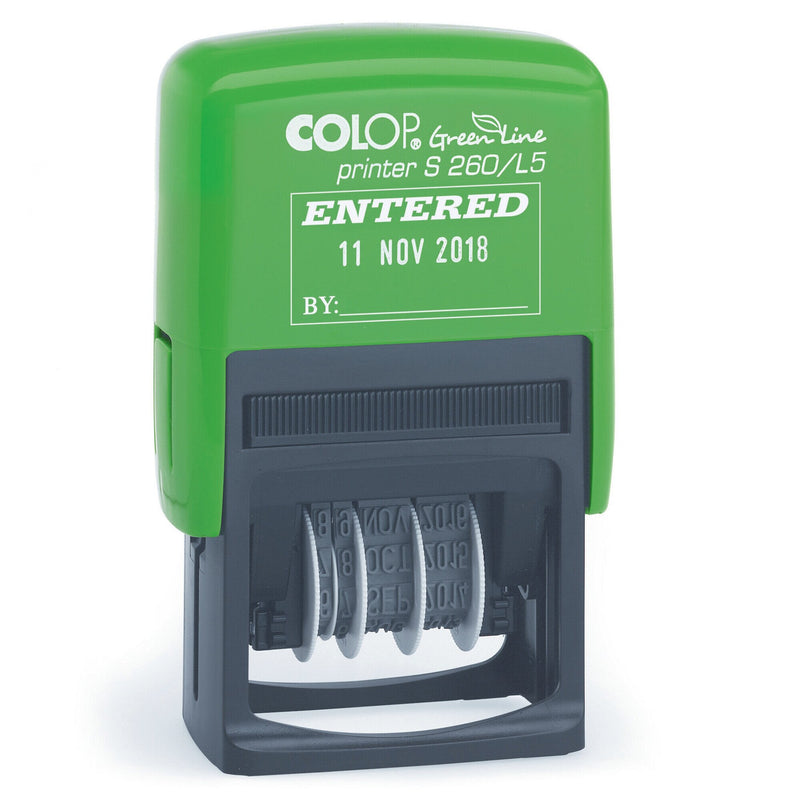 Front view of the Colop S260/L5 Green Line entered dater stamp on a plain white background, showing the body and imprint detail