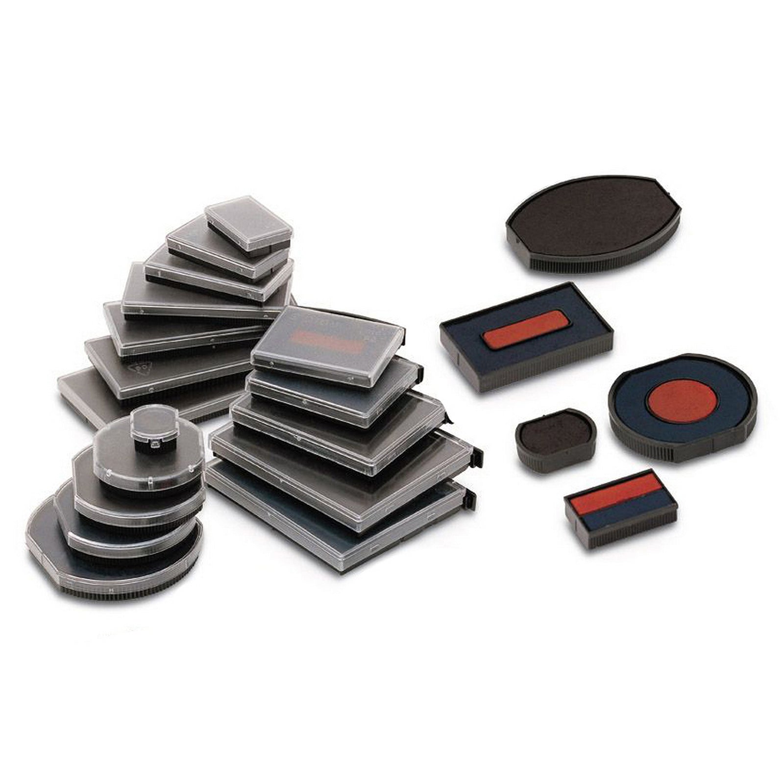 Reference image displaying a range of Colop replacement stamp pads in multiple sizes and shapes, illustrating the extensive Colop spare pad range with the E/Q17 Red belonging to the genuine replacement series.