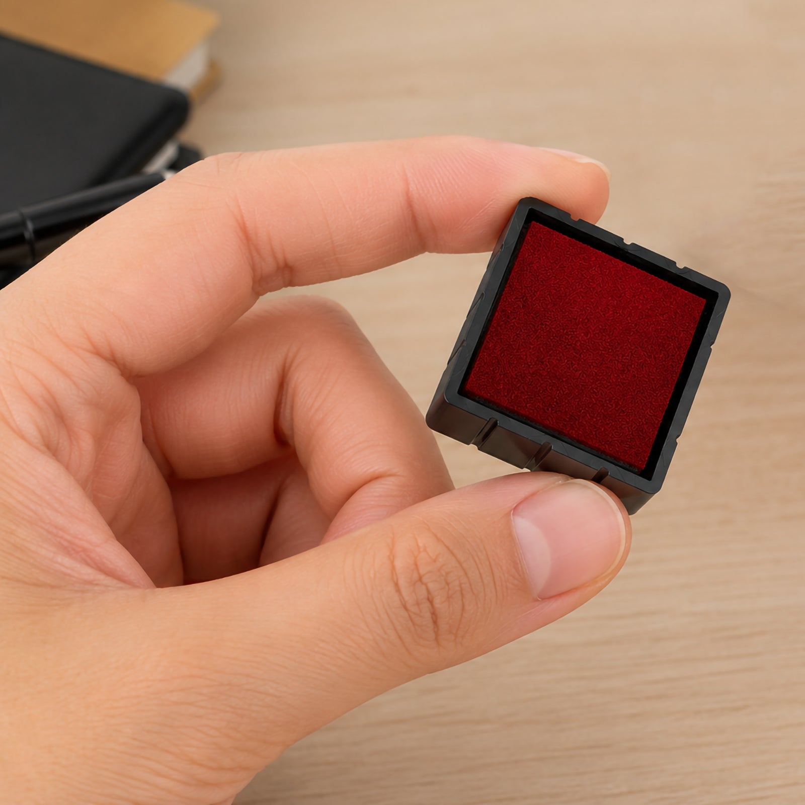 Close up of a genuine Colop Spare Pad E/Q17 Red replacement ink pad being held between fingers, highlighting the vibrant red ink surface and compact design for easy installation into a Colop Printer Q17 self inking stamp.