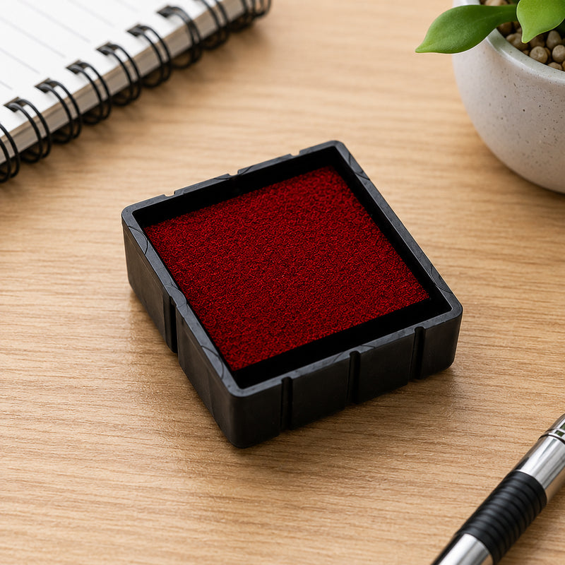Angled close up of the Colop Spare Pad E/Q17 Red replacement ink pad resting on a clean wooden office desk beside a notebook, pen and indoor plant, showcasing the bright red ink surface and durable construction.