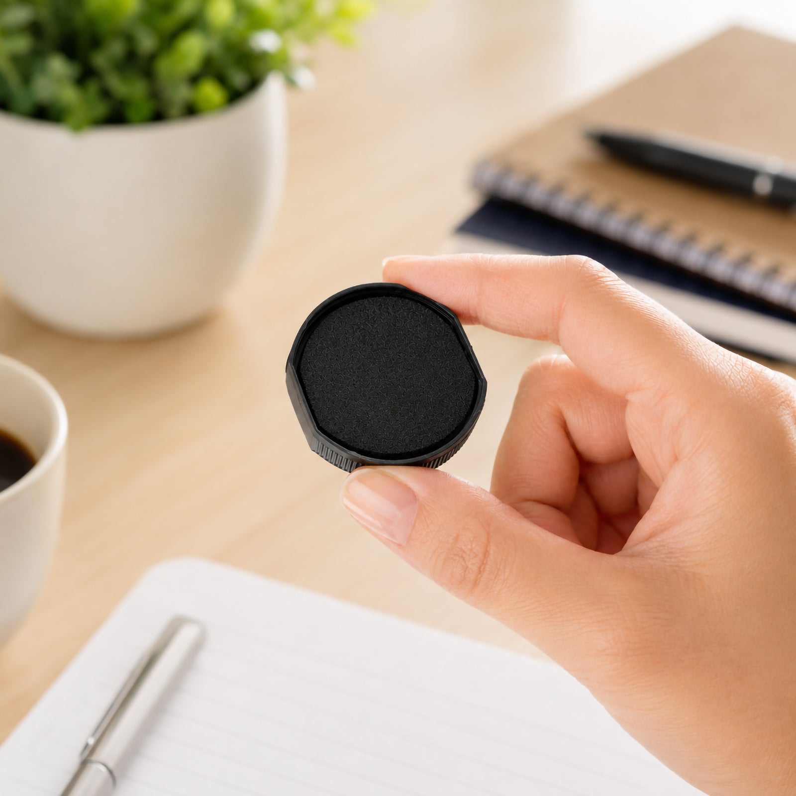 Close up of a genuine Colop Spare Pad E/R24 Black replacement ink pad being held between fingers above a modern office desk, highlighting its compact round design and premium black ink surface for easy identification and installation.