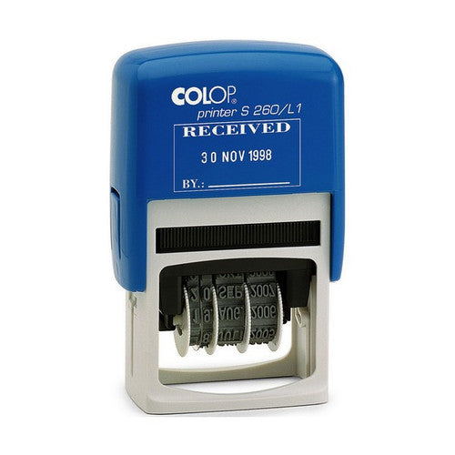 Colop S260/L1 self-inking stamp dater with Received 4mm text band in red and blue ink