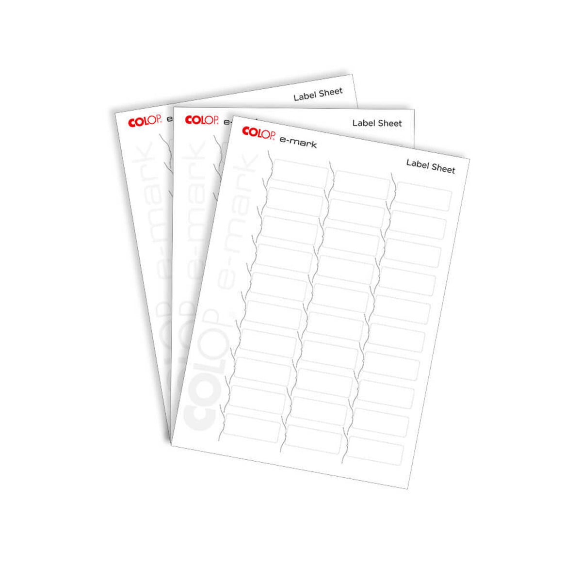 Three fanned Colop e-mark adhesive label sheets headed Label Sheet, each with blank labels in three columns of ten rows
