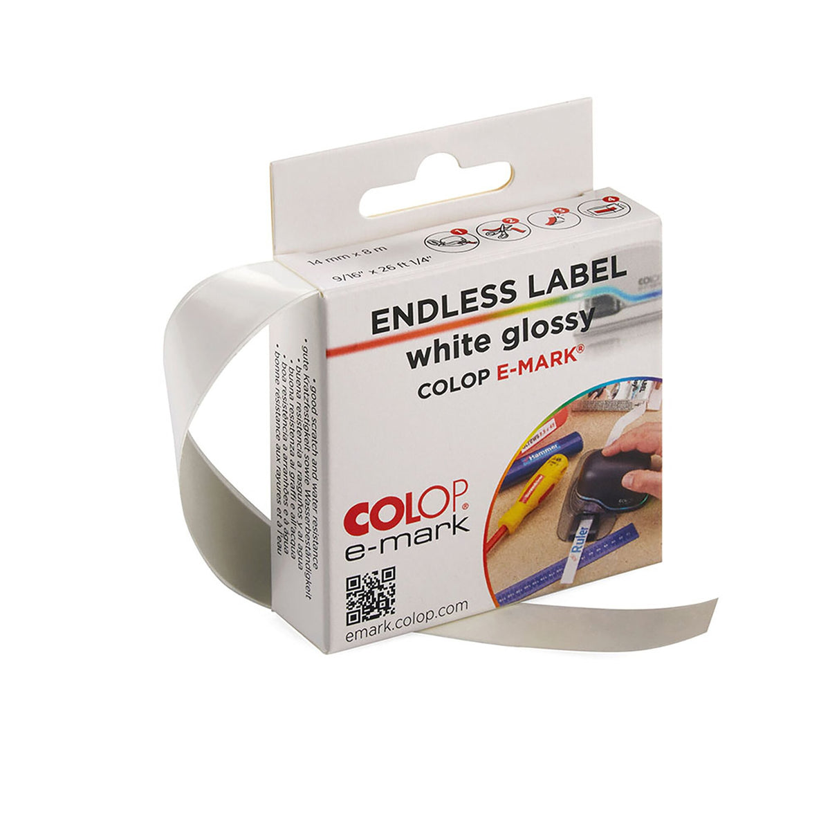 Colop e-mark endless label white glossy box marked 14 mm x 8 m, with a white label strip pulled out of the side