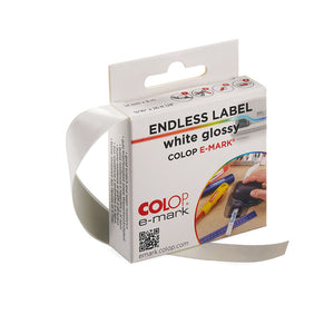 Colop e-mark endless label white glossy box marked 14 mm x 8 m, with a white label strip pulled out of the side