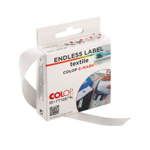 Colop e-mark endless label textile box with a clothing picture on the front and a white fabric label strip pulled out