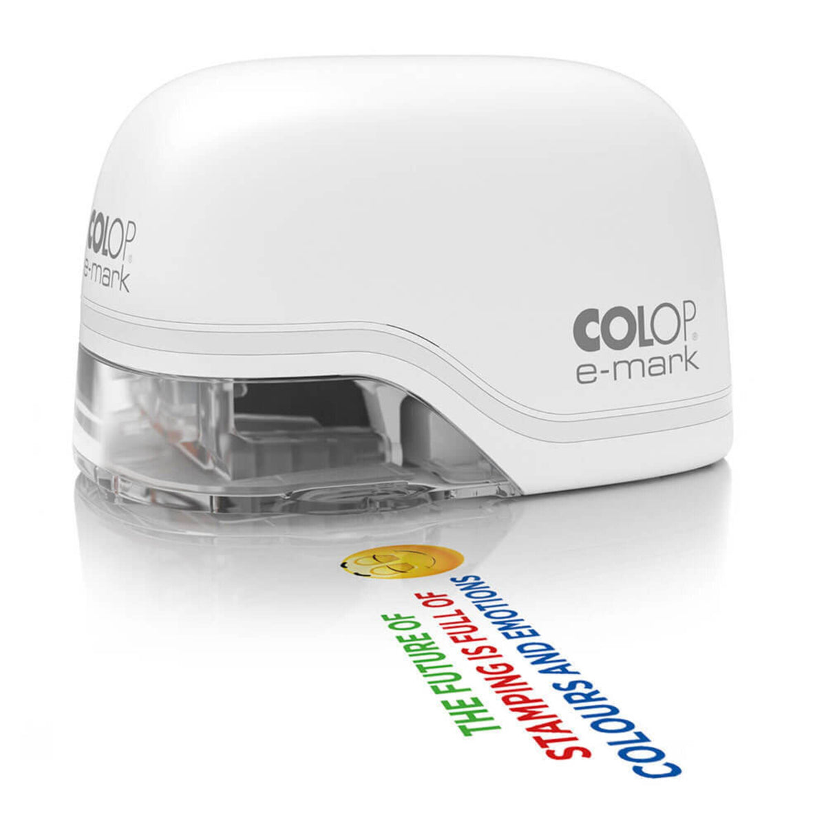 White Colop e-mark handheld printer from the side with its clear print window above a colourful printed sample strip and logo