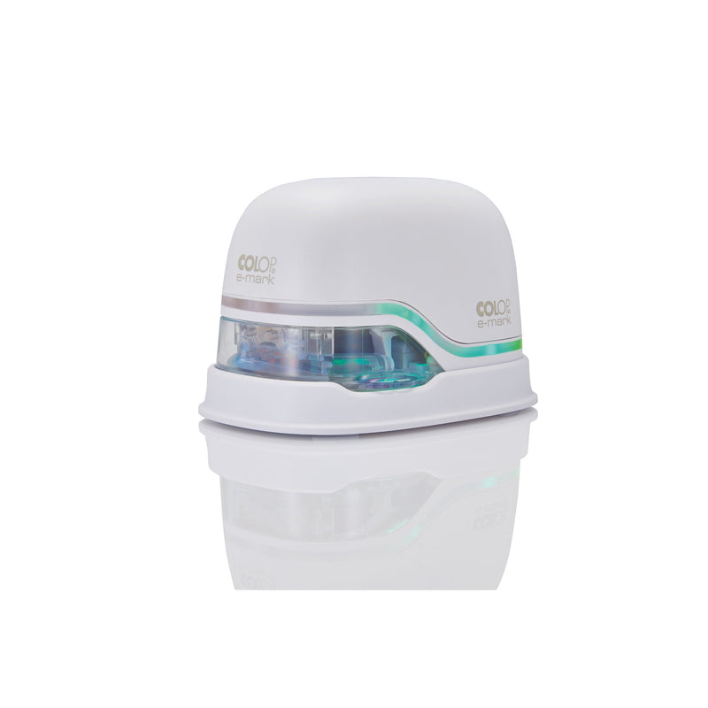 Front view of the white Colop e-mark handheld printer and its reflection, showing the clear print window and coloured light strip