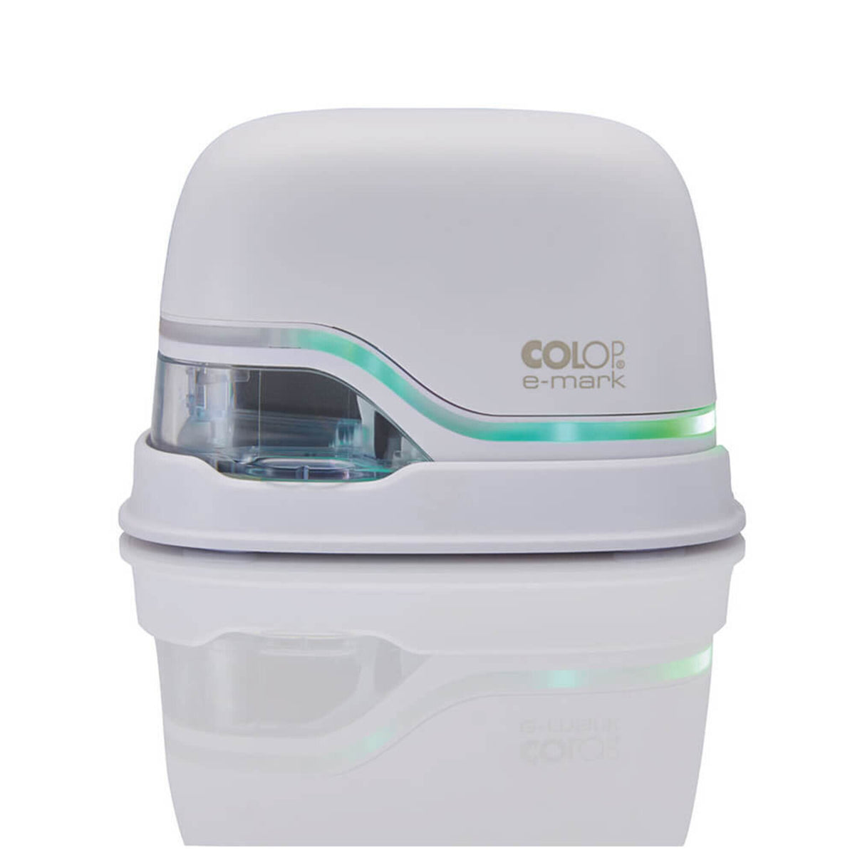 Front close view of the white Colop e-mark with its clear print window and the coloured light strip around the body