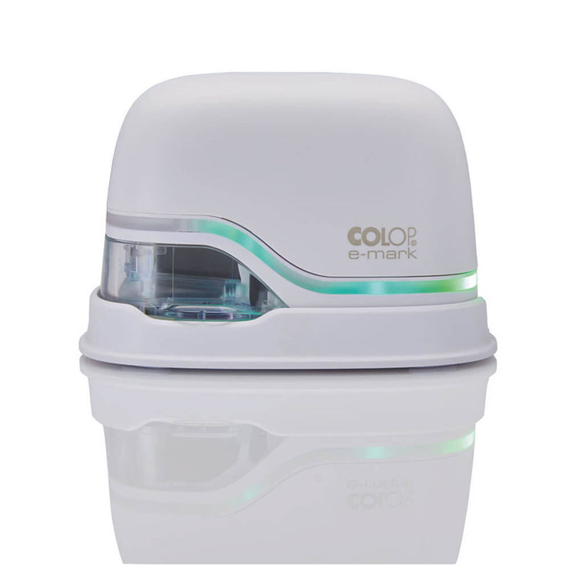 Front close view of the white Colop e-mark with its clear print window and the coloured light strip around the body