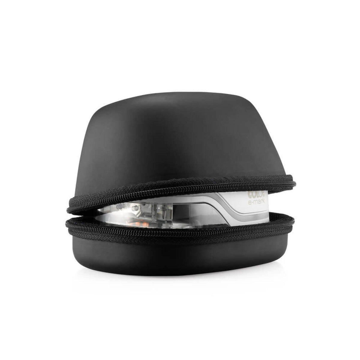 Black Colop e-mark protective case half unzipped with the white e-mark handheld printer sitting inside