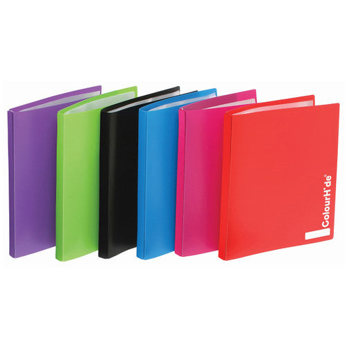 ColourHide 20 pocket refillable display book with black medium weight cover, A4 size, shown closed on a white background