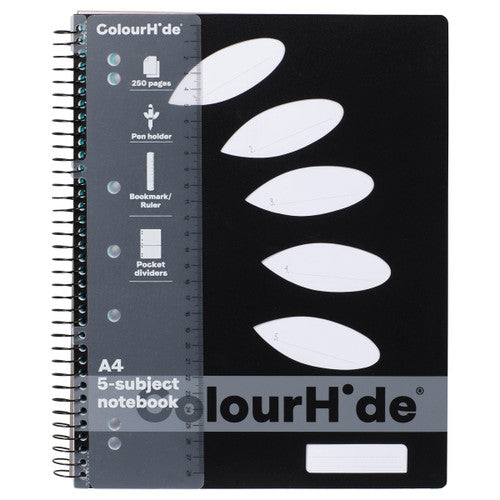 ColourHide A4 5 Subject Spiral Notebook in black with protective PP cover, front view