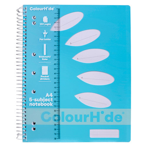 ColourHide 5 Subject Book A4 250 pages in Sky Blue with spiral binding and PP cover