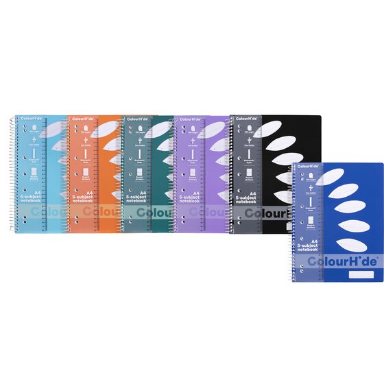 ACCO range photo of ColourHide A4 5 subject notebooks in light blue, orange, teal, lavender, black and blue lined up side by side